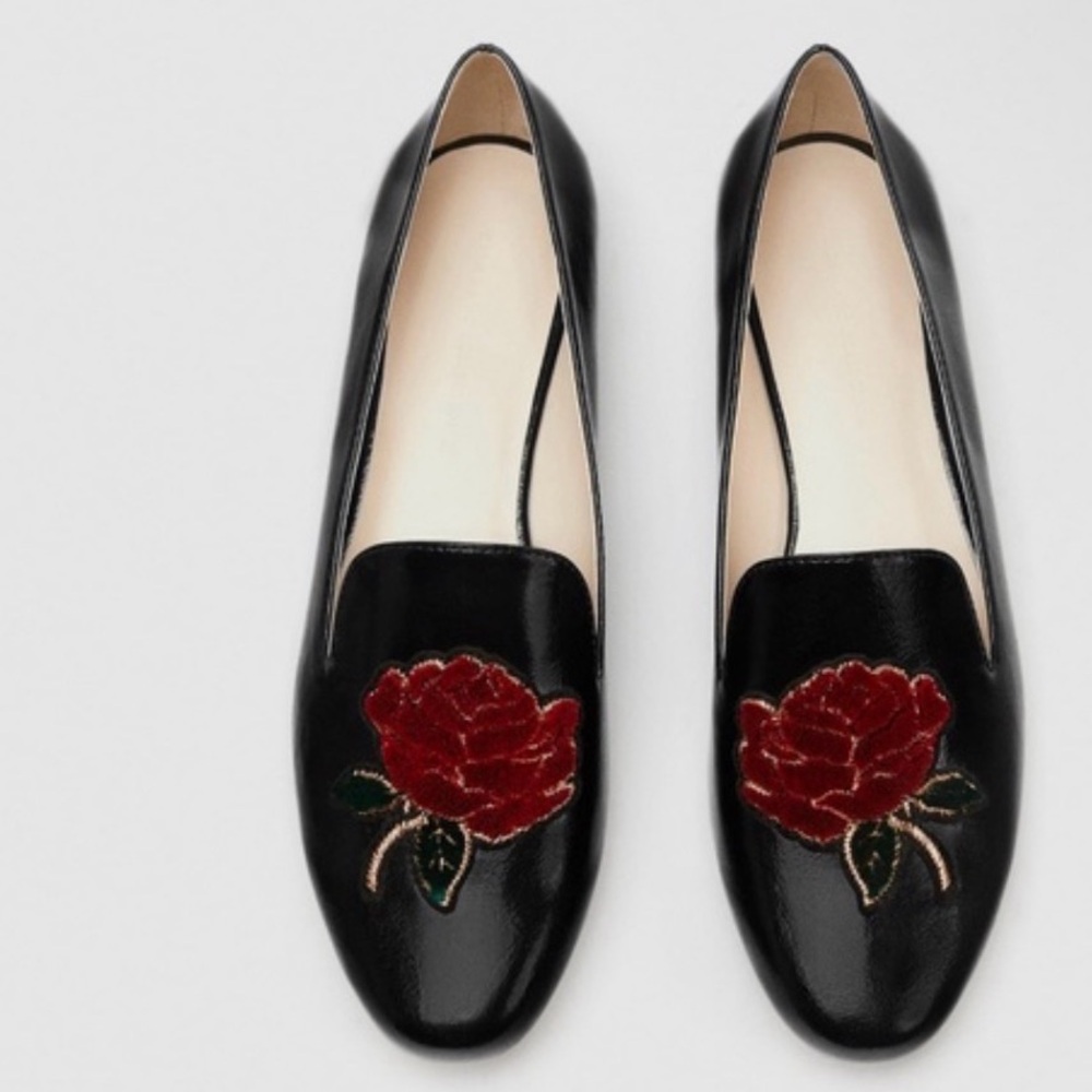 Zara Black Loafers with Red Floral Embroidery